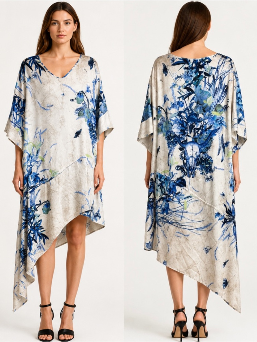 RARE JUST CAVALLI Asymmetrical Skull Botanical Caftan Dress Blue Art to Wear